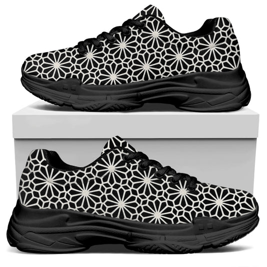 Black And White Geometric Floral Print Black Chunky Shoes