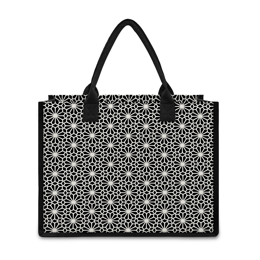 Black And White Geometric Floral Print Canvas Tote Bag