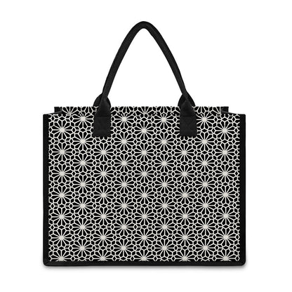 Black And White Geometric Floral Print Canvas Tote Bag