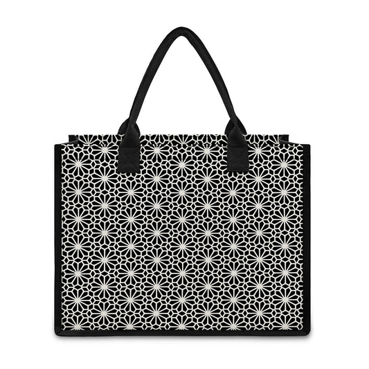 Black And White Geometric Floral Print Canvas Tote Bag