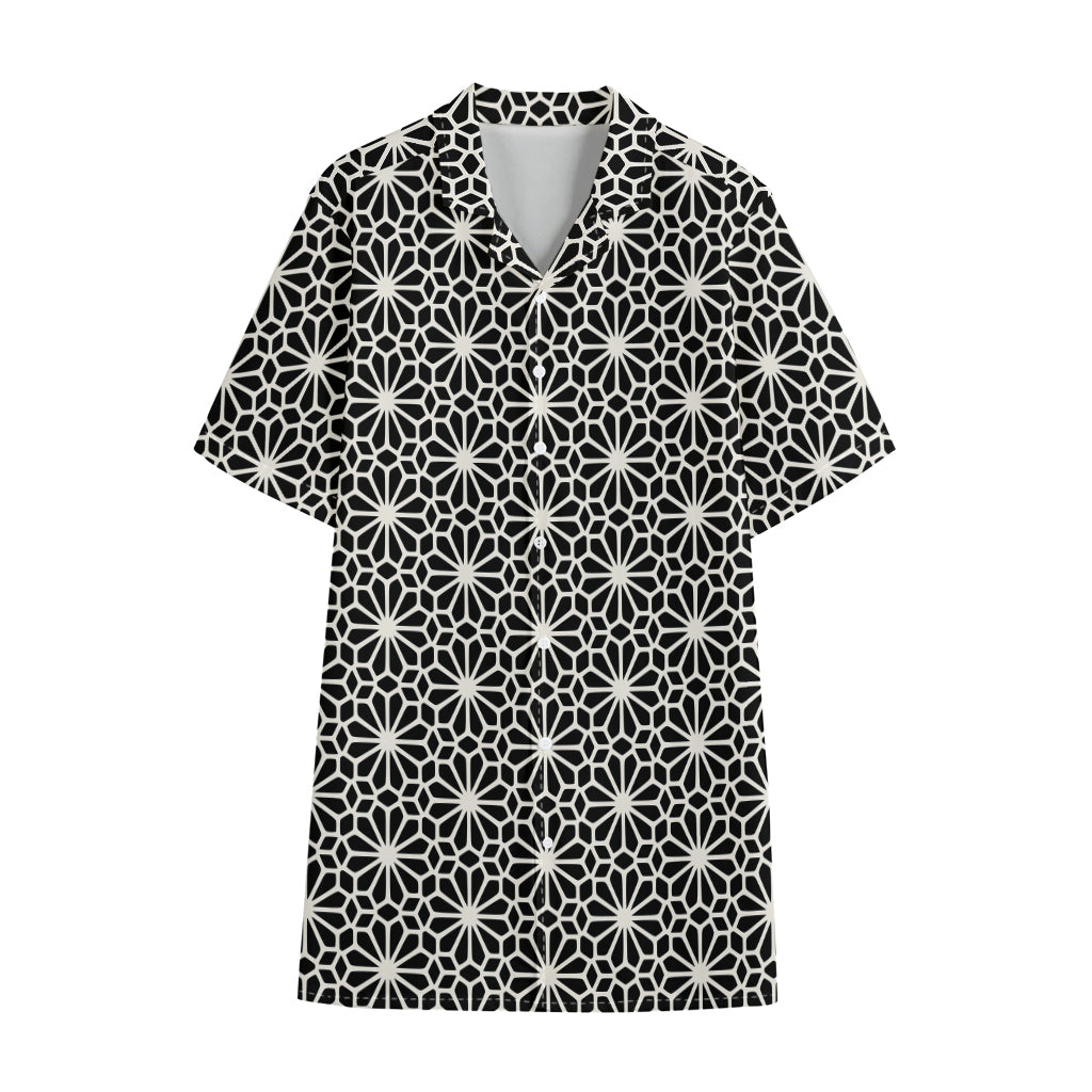 Black And White Geometric Floral Print Cotton Hawaiian Shirt
