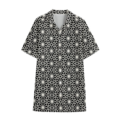 Black And White Geometric Floral Print Cotton Hawaiian Shirt