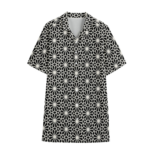Black And White Geometric Floral Print Cotton Hawaiian Shirt