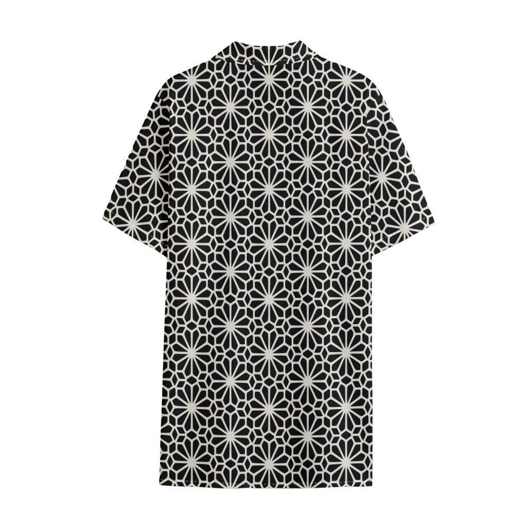 Black And White Geometric Floral Print Cotton Hawaiian Shirt