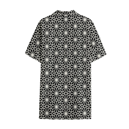 Black And White Geometric Floral Print Cotton Hawaiian Shirt