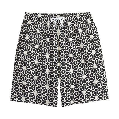 Black And White Geometric Floral Print Cotton Shorts