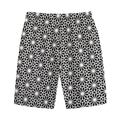 Black And White Geometric Floral Print Cotton Shorts