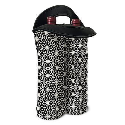 Black And White Geometric Floral Print Double Neoprene Wine Tote