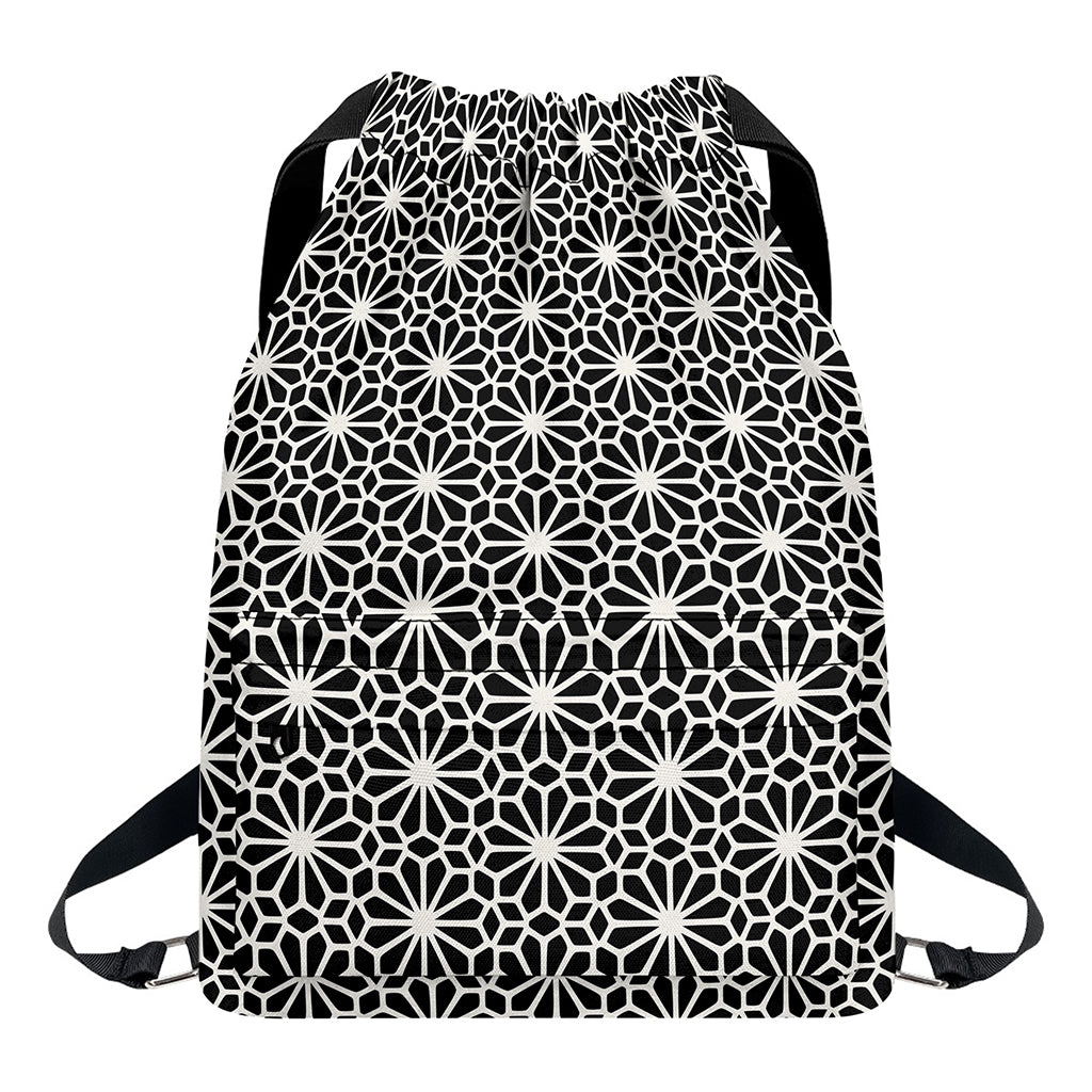 Black And White Geometric Floral Print Drawstring Backpack
