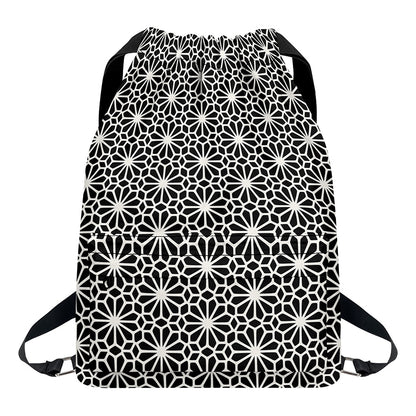 Black And White Geometric Floral Print Drawstring Backpack
