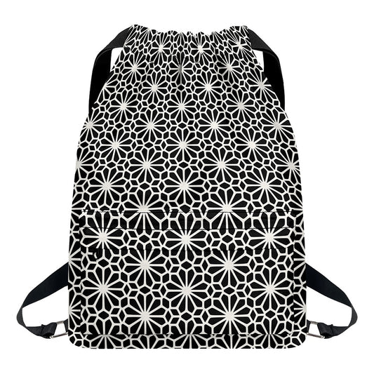Black And White Geometric Floral Print Drawstring Backpack