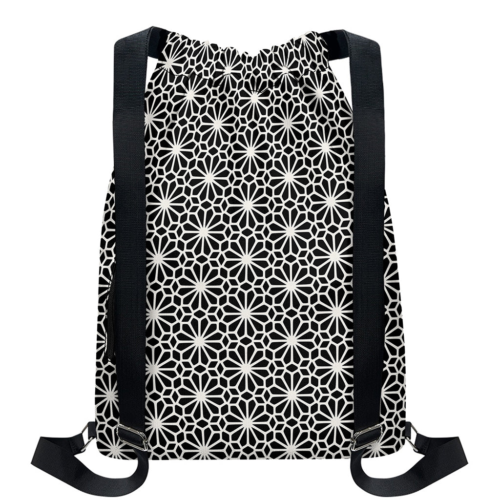 Black And White Geometric Floral Print Drawstring Backpack