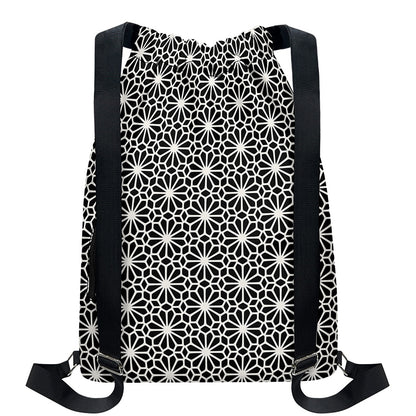 Black And White Geometric Floral Print Drawstring Backpack