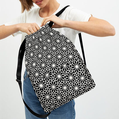 Black And White Geometric Floral Print Drawstring Backpack