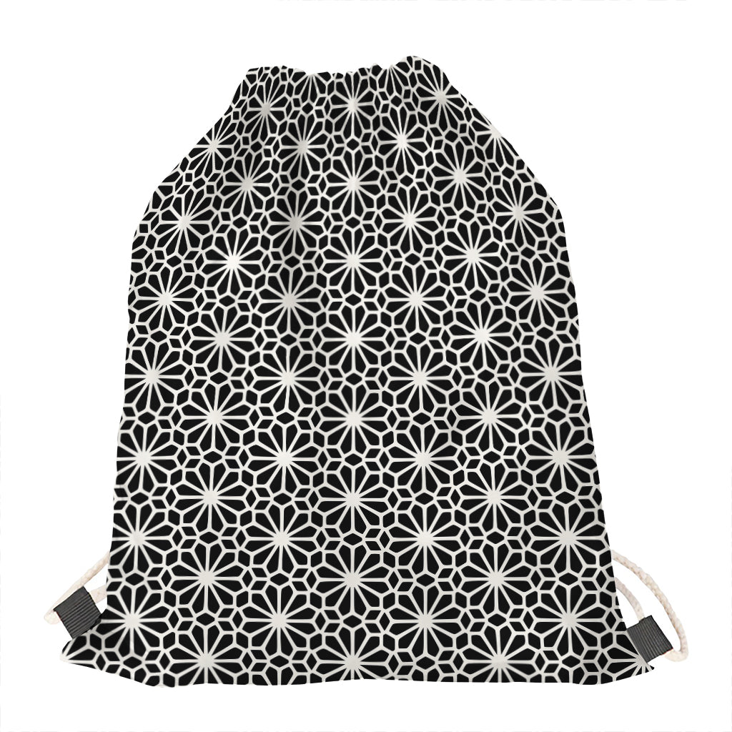 Black And White Geometric Floral Print Drawstring Bag
