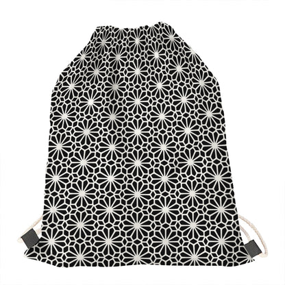 Black And White Geometric Floral Print Drawstring Bag