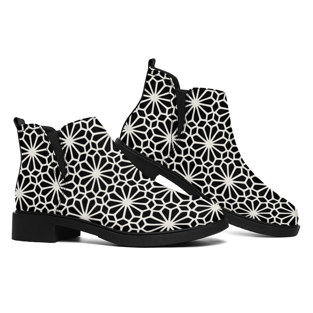 Black And White Geometric Floral Print Flat Ankle Boots