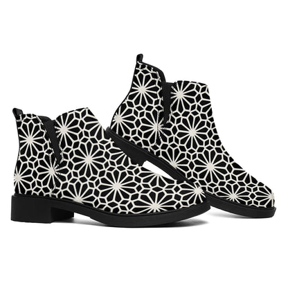 Black And White Geometric Floral Print Flat Ankle Boots