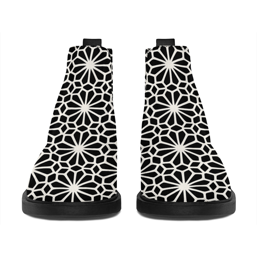 Black And White Geometric Floral Print Flat Ankle Boots