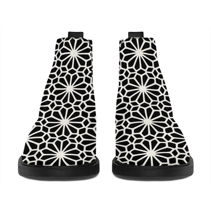 Black And White Geometric Floral Print Flat Ankle Boots