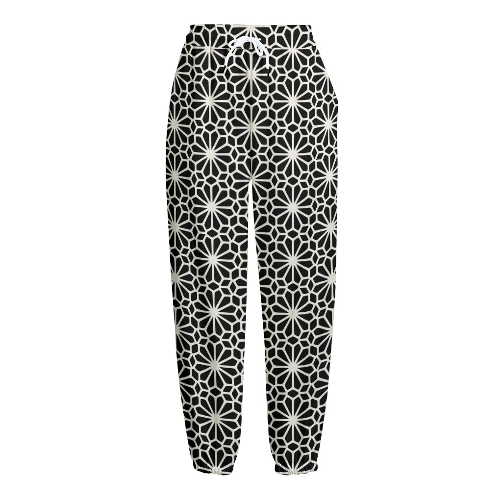 Black And White Geometric Floral Print Fleece Lined Knit Pants