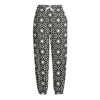 Black And White Geometric Floral Print Fleece Lined Knit Pants
