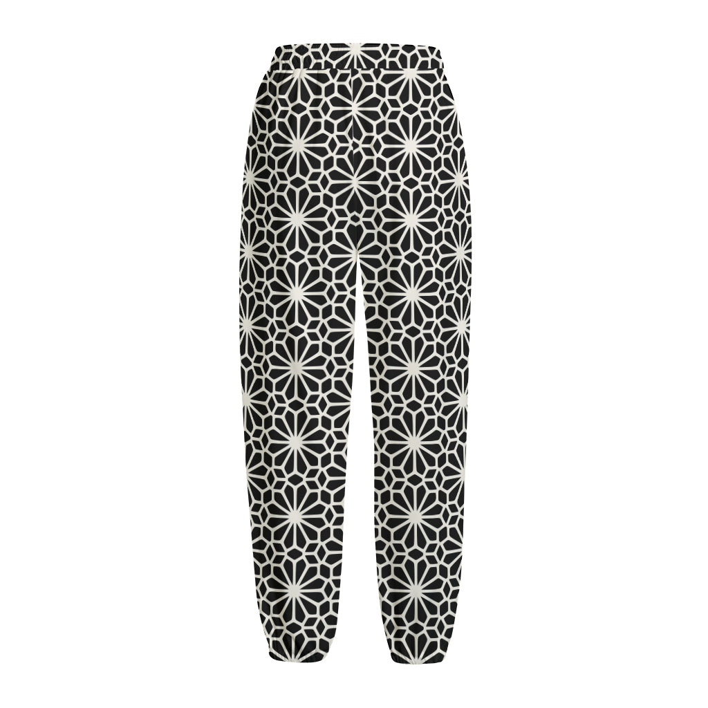 Black And White Geometric Floral Print Fleece Lined Knit Pants
