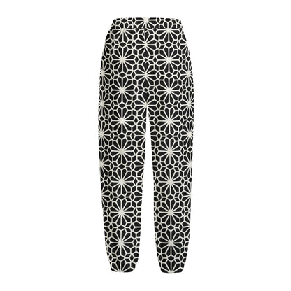 Black And White Geometric Floral Print Fleece Lined Knit Pants