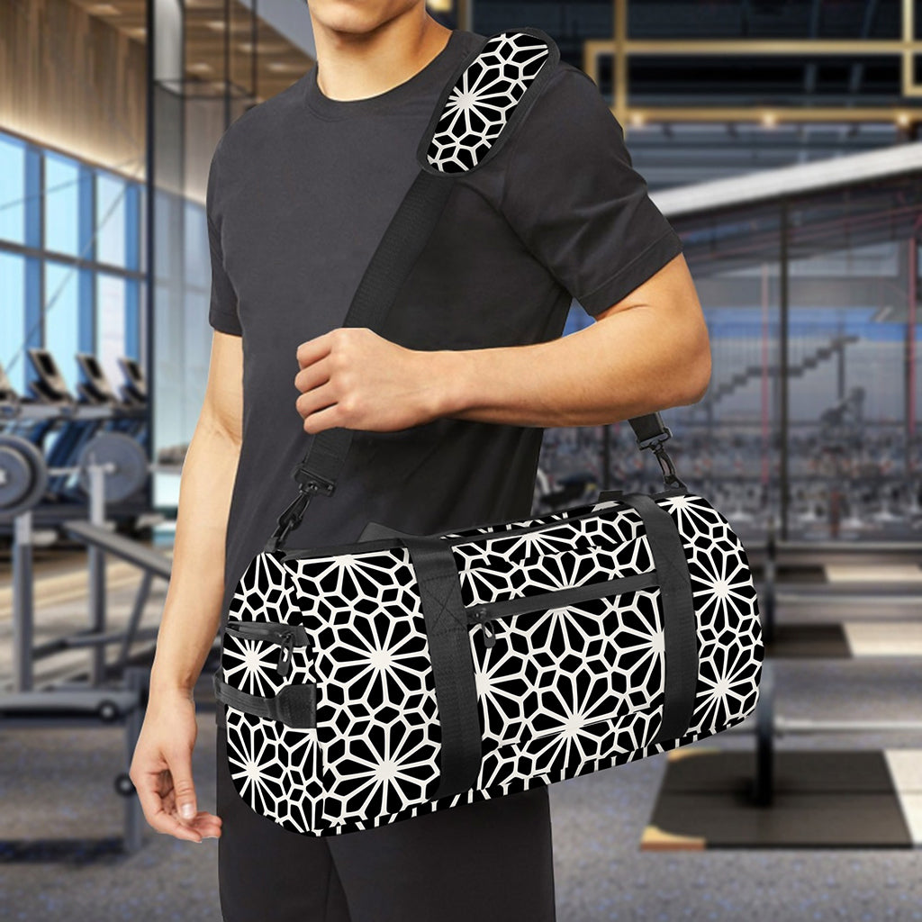 Black And White Geometric Floral Print Gym Bag