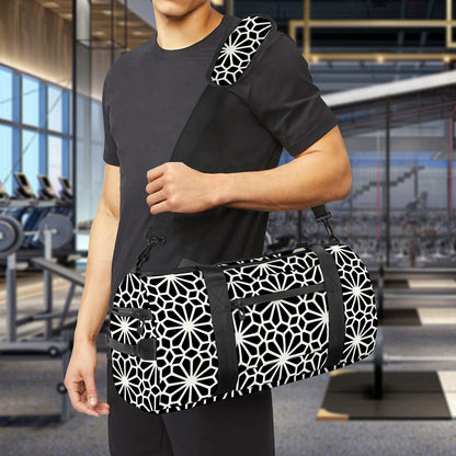 Black And White Geometric Floral Print Gym Bag