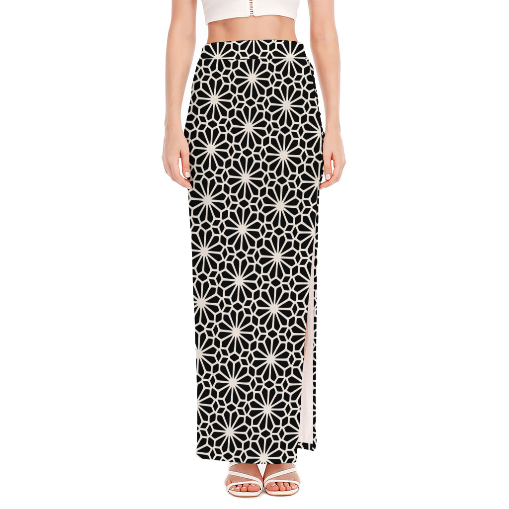 Black And White Geometric Floral Print High Slit Maxi Skirt