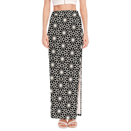 Black And White Geometric Floral Print High Slit Maxi Skirt