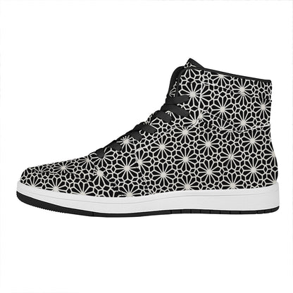 Black And White Geometric Floral Print High Top Leather Sneakers