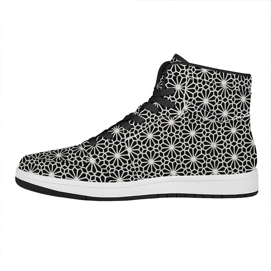 Black And White Geometric Floral Print High Top Leather Sneakers