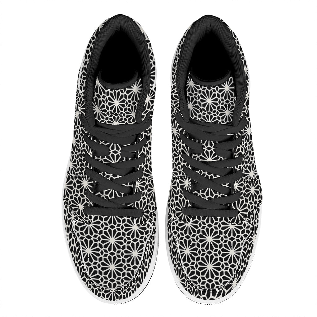 Black And White Geometric Floral Print High Top Leather Sneakers