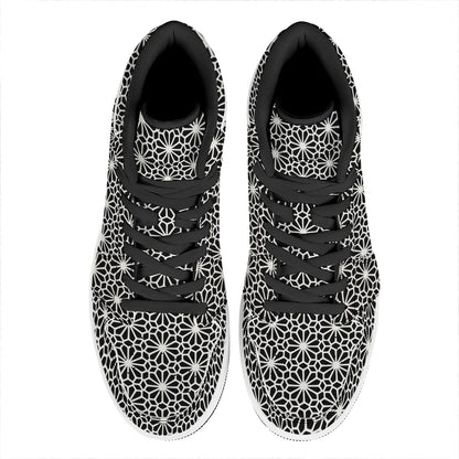 Black And White Geometric Floral Print High Top Leather Sneakers