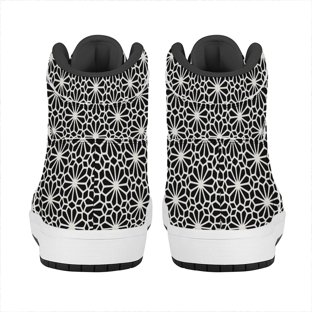 Black And White Geometric Floral Print High Top Leather Sneakers