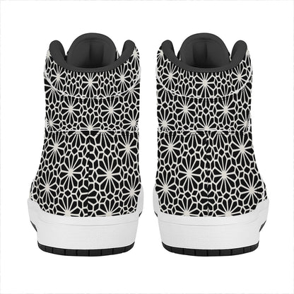 Black And White Geometric Floral Print High Top Leather Sneakers