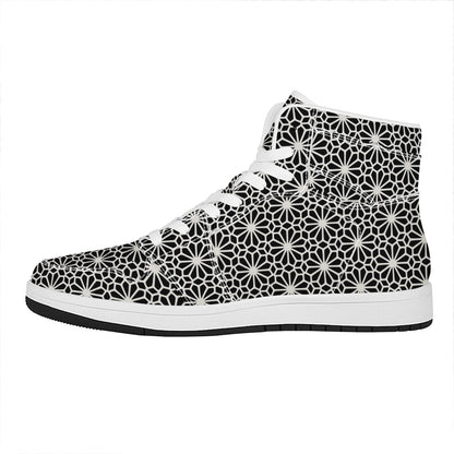 Black And White Geometric Floral Print High Top Leather Sneakers