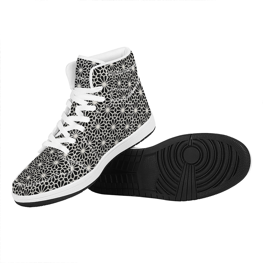 Black And White Geometric Floral Print High Top Leather Sneakers