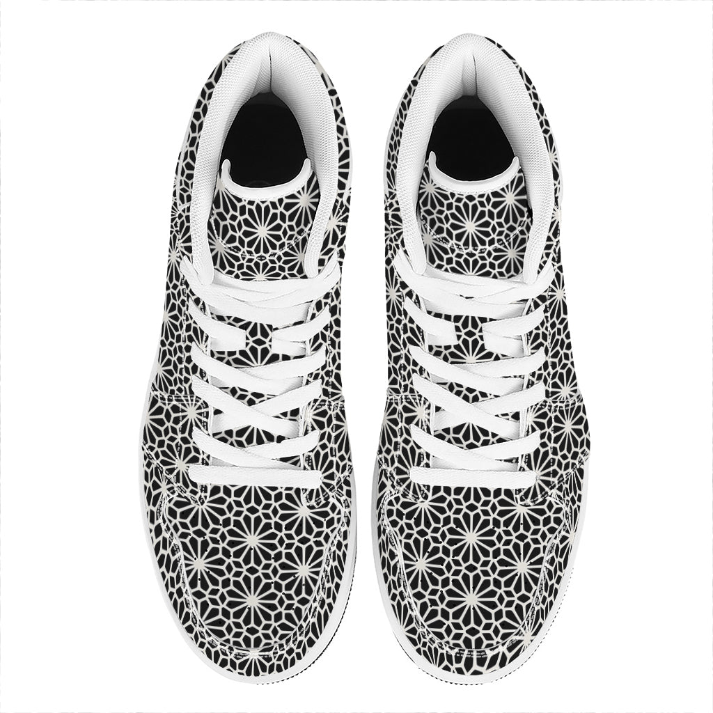 Black And White Geometric Floral Print High Top Leather Sneakers