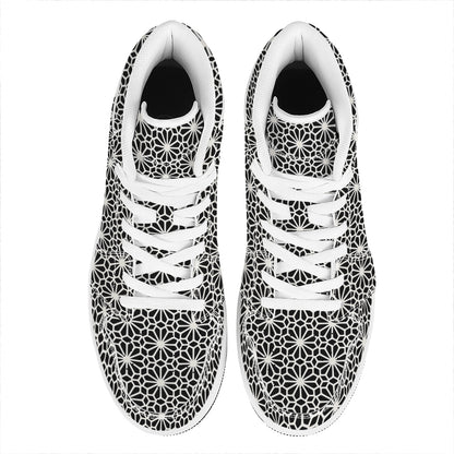 Black And White Geometric Floral Print High Top Leather Sneakers