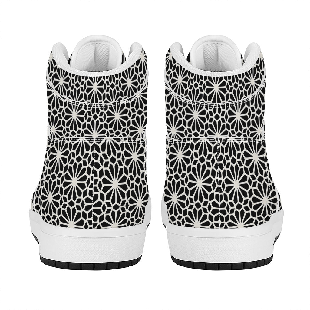 Black And White Geometric Floral Print High Top Leather Sneakers