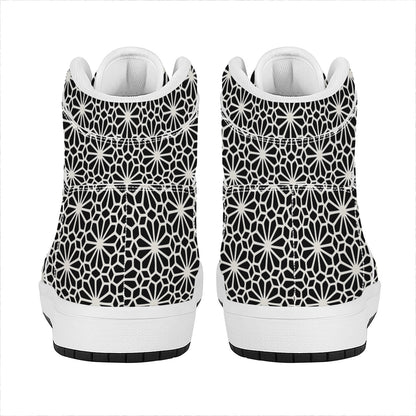 Black And White Geometric Floral Print High Top Leather Sneakers