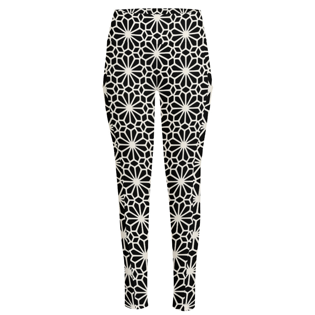 Black And White Geometric Floral Print High-Waisted Pocket Leggings