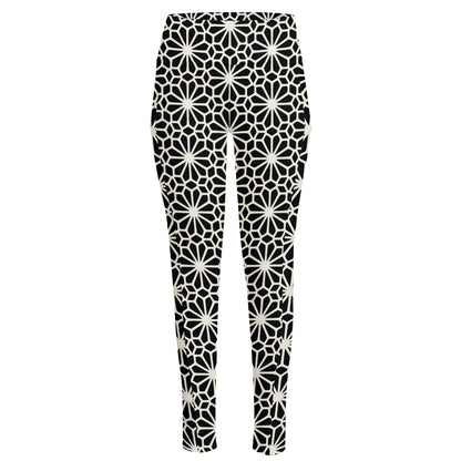 Black And White Geometric Floral Print High-Waisted Pocket Leggings