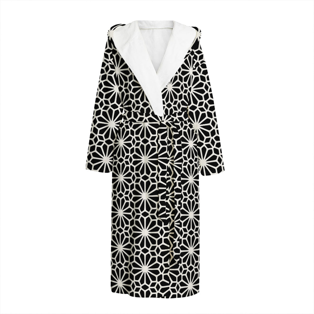 Black And White Geometric Floral Print Hooded Bathrobe