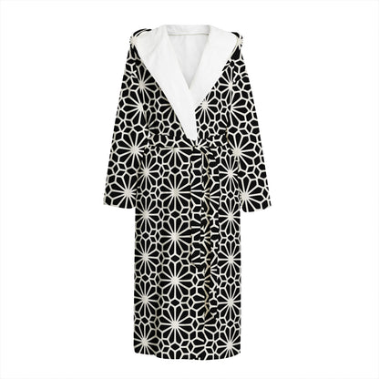 Black And White Geometric Floral Print Hooded Bathrobe