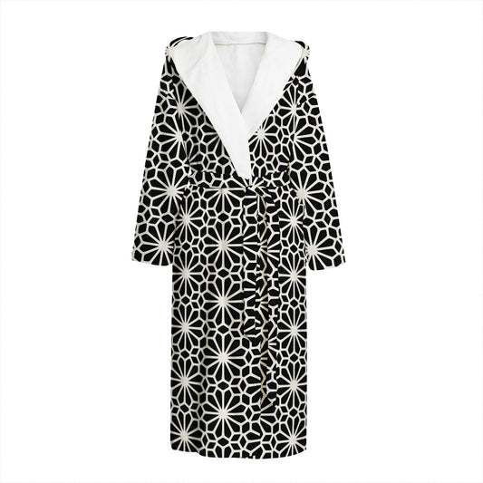 Black And White Geometric Floral Print Hooded Bathrobe