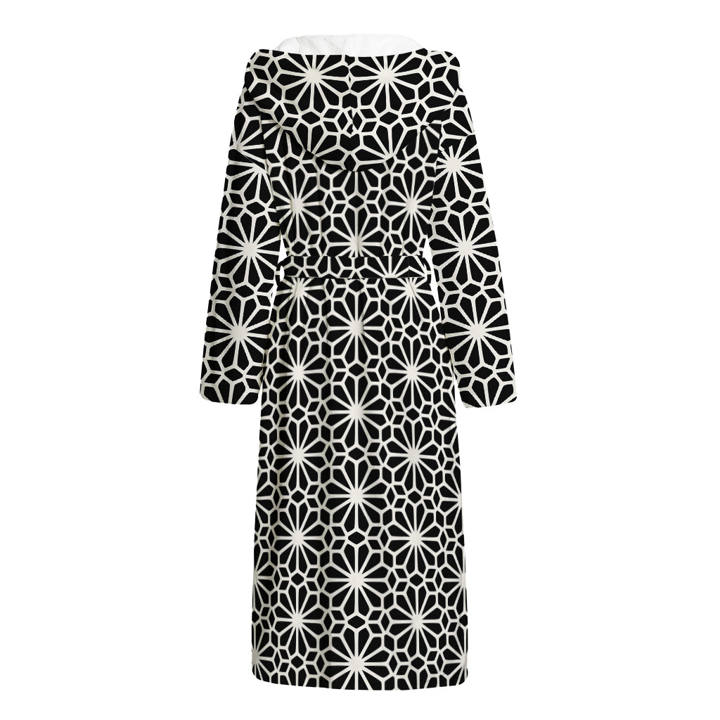 Black And White Geometric Floral Print Hooded Bathrobe